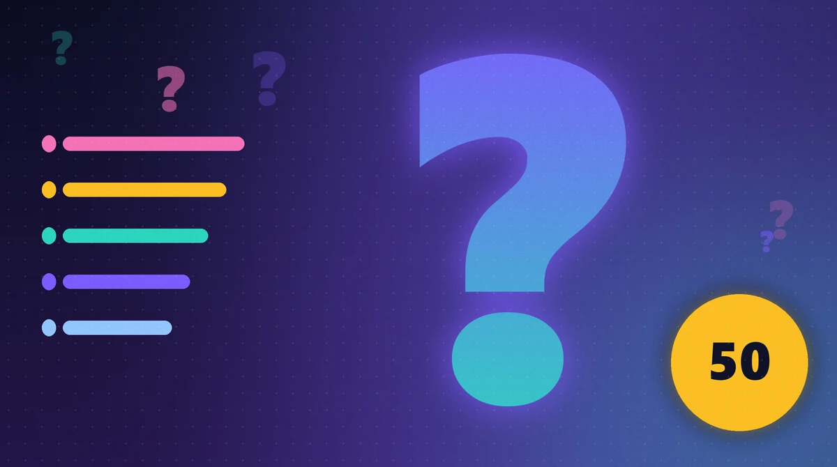 Ilustración de un gran signo de interrogación junto a cinco líneas de colores y la cifra 50, que representan las preguntas de autoconocimiento