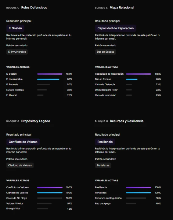 Bloques C, E, G, H del informe personalizado PRO